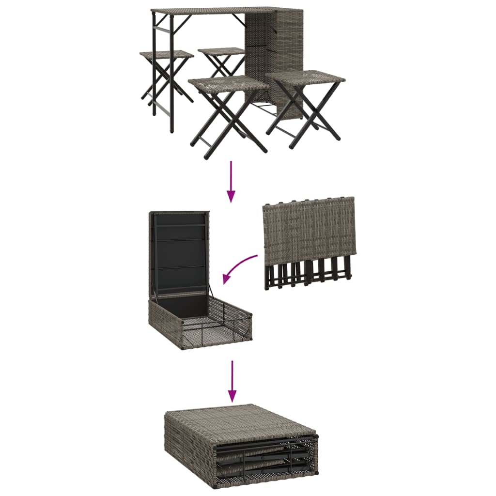 5 pcs conjunto de jantar para jardim dobrável vime PE cinzento