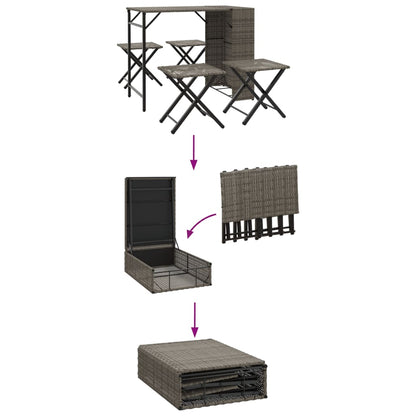 5 pcs conjunto de jantar para jardim dobrável vime PE cinzento