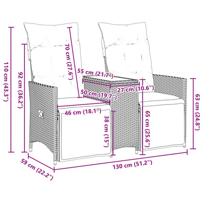 Sofá de jardim reclinável 2 lugares com mesa vime PE bege