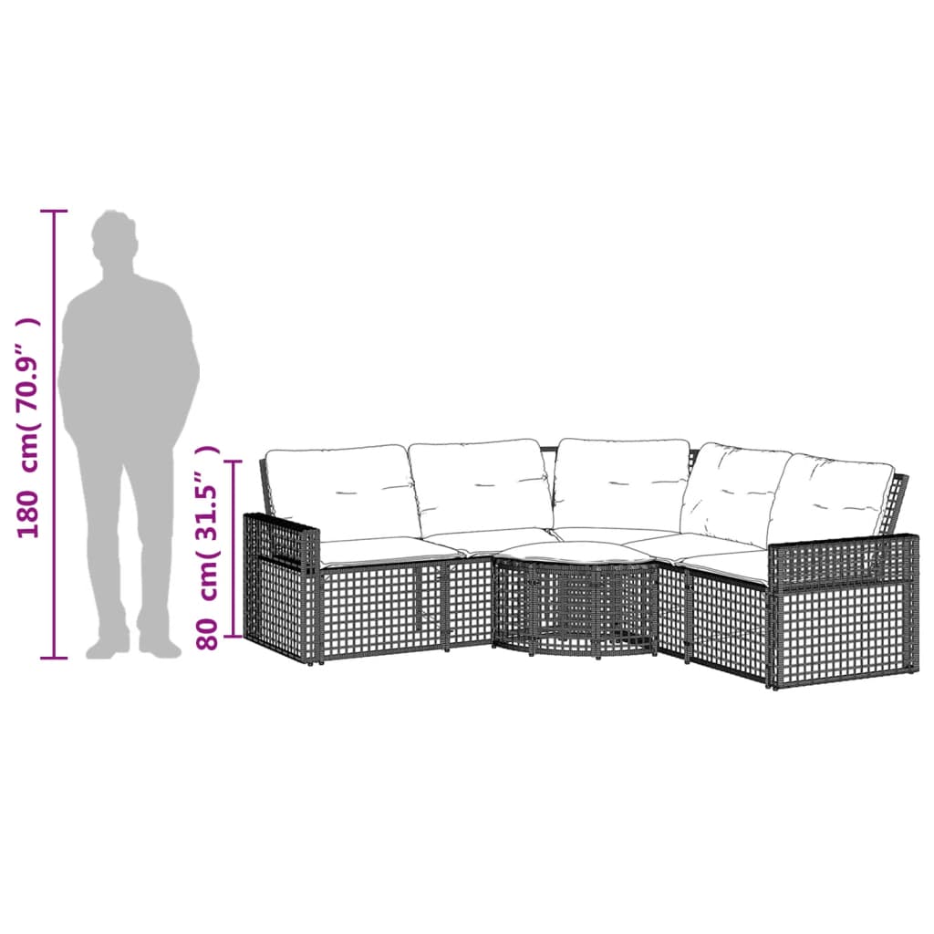 Sofá jardim em L c/ almofadões/apoio de pés vime PE cinza-claro