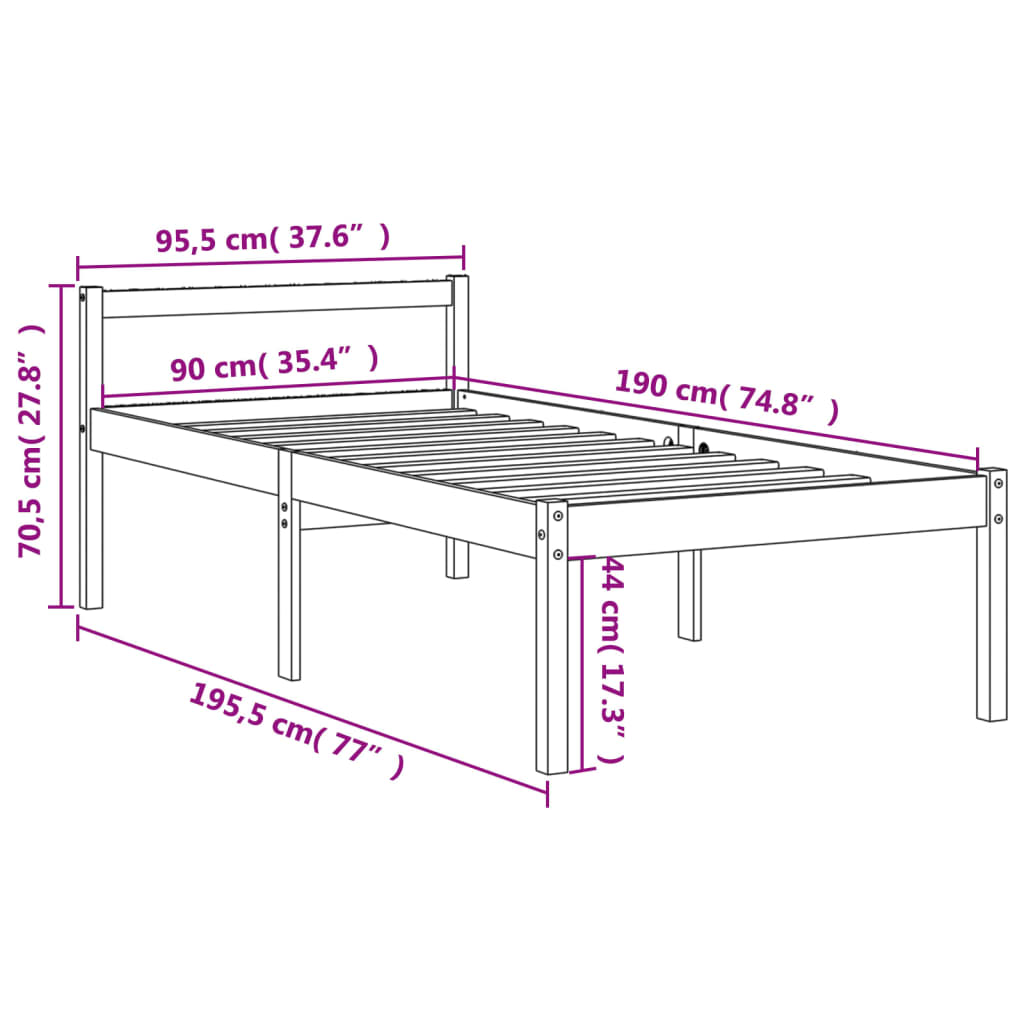 Cama para idosos 90x190 cm madeira pinho maciça castanho cera