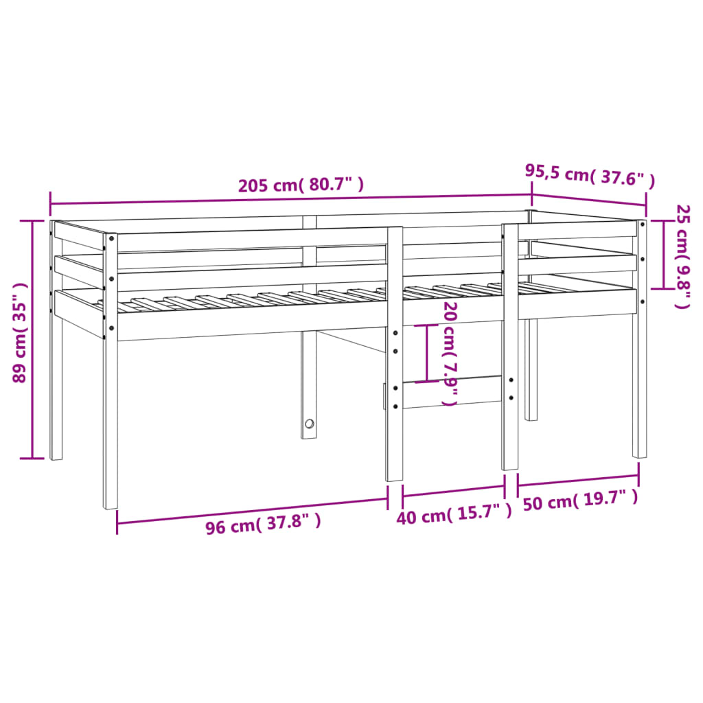 Cama alta 90x200 cm madeira de pinho maciça castanho cera