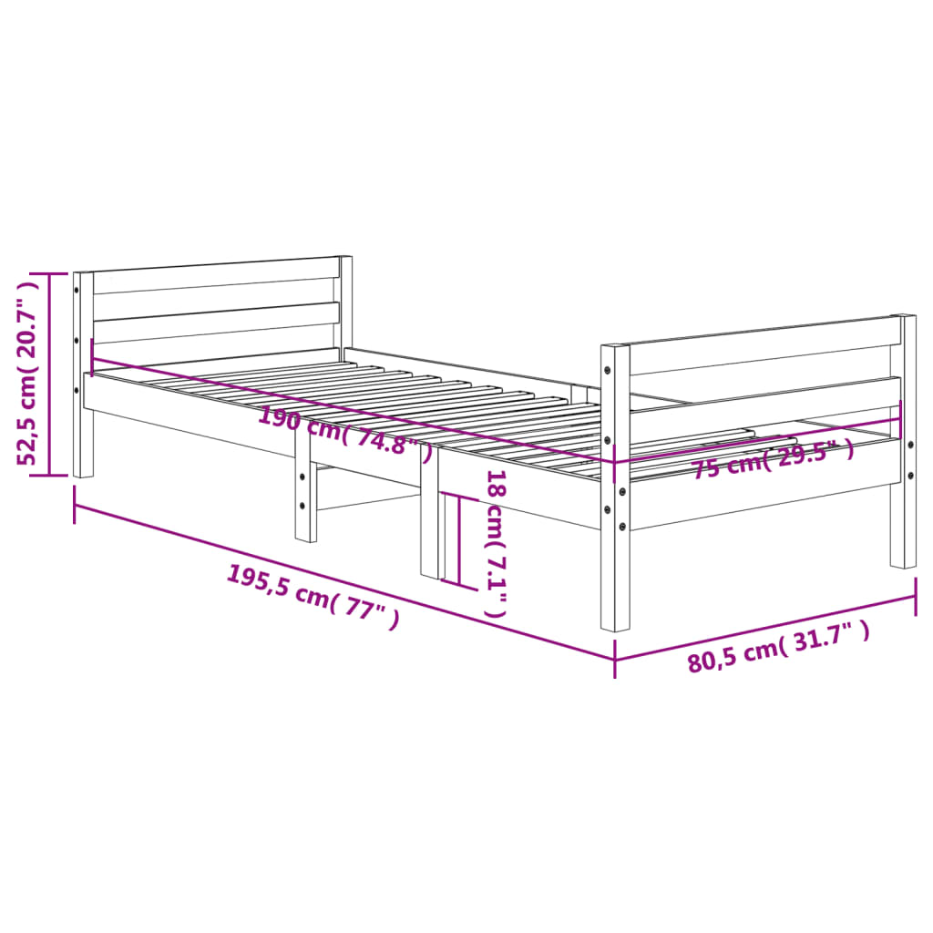 Estrutura de cama 75x190 cm madeira pinho maciça castanho cera