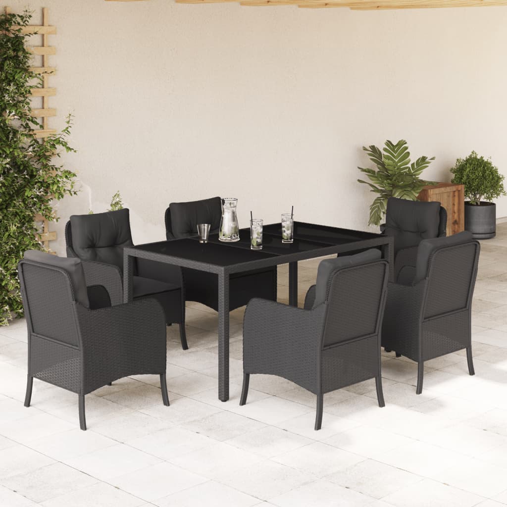 7 pcs conjunto de jantar p/ jardim c/ almofadões vime PE preto