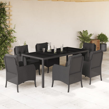 7 pcs conjunto de jantar p/ jardim c/ almofadões vime PE preto