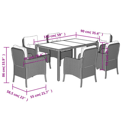 7 pcs conjunto de jantar p/ jardim c/ almofadões vime PE cinza