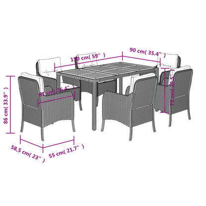 7 pcs conjunto de jantar p/ jardim c/ almofadões vime PE cinza