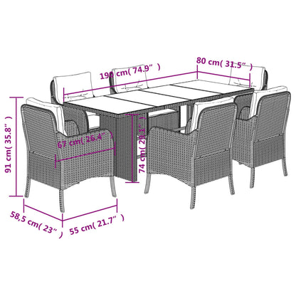 7 pcs conjunto jantar p/ jardim c/ almofadões vime PE castanho