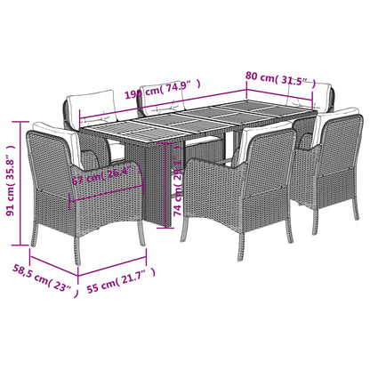 7 pcs conjunto de jantar p/ jardim com almofadões vime PE bege