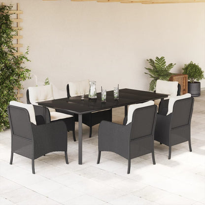 7 pcs conjunto de jantar p/ jardim c/ almofadões vime PE preto