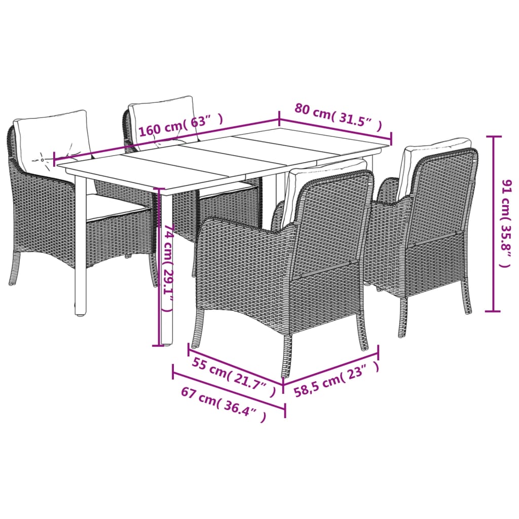 5 pcs conjunto de jantar p/ jardim c/ almofadões vime PE cinza