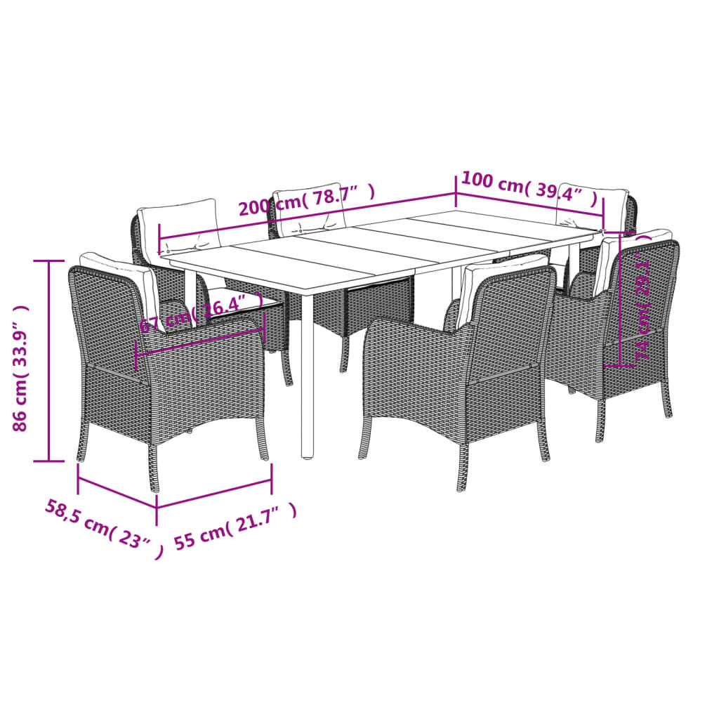 7 pcs conjunto de jantar p/ jardim c/ almofadões vime PE cinza