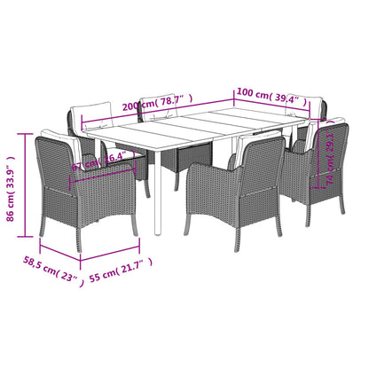 7 pcs conjunto de jantar p/ jardim c/ almofadões vime PE cinza