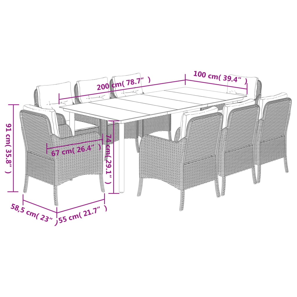 9 pcs conjunto de jantar p/ jardim c/ almofadões vime PE cinza