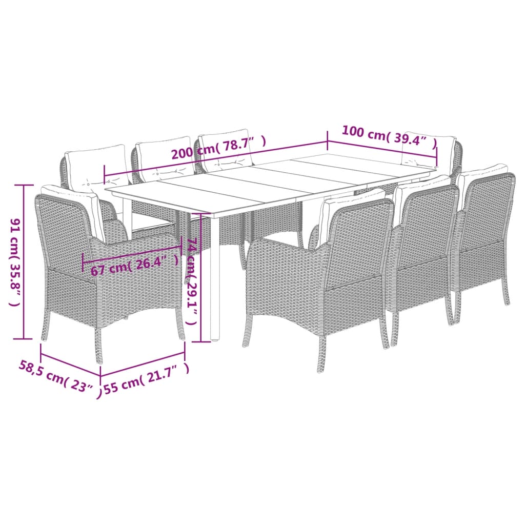 9 pcs conjunto de jantar p/ jardim com almofadões vime PE bege