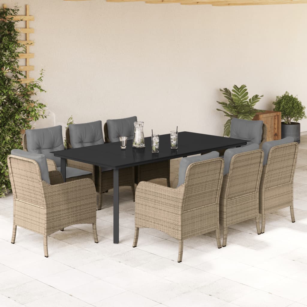 9 pcs conjunto de jantar p/ jardim com almofadões vime PE bege