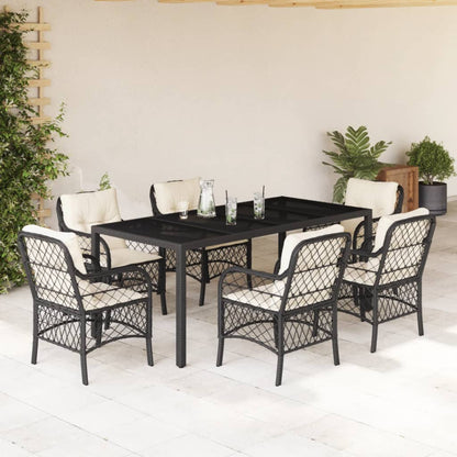 7 pcs conjunto de jantar p/ jardim c/ almofadões vime PE preto