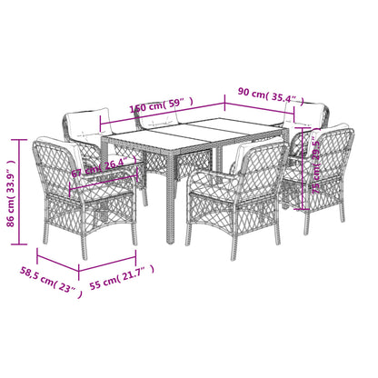 7 pcs conjunto de jantar p/ jardim c/ almofadões vime PE preto