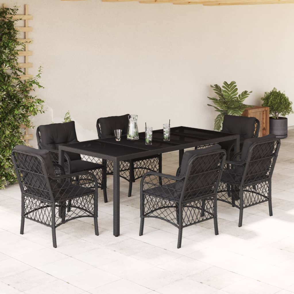 7 pcs conjunto de jantar p/ jardim c/ almofadões vime PE preto