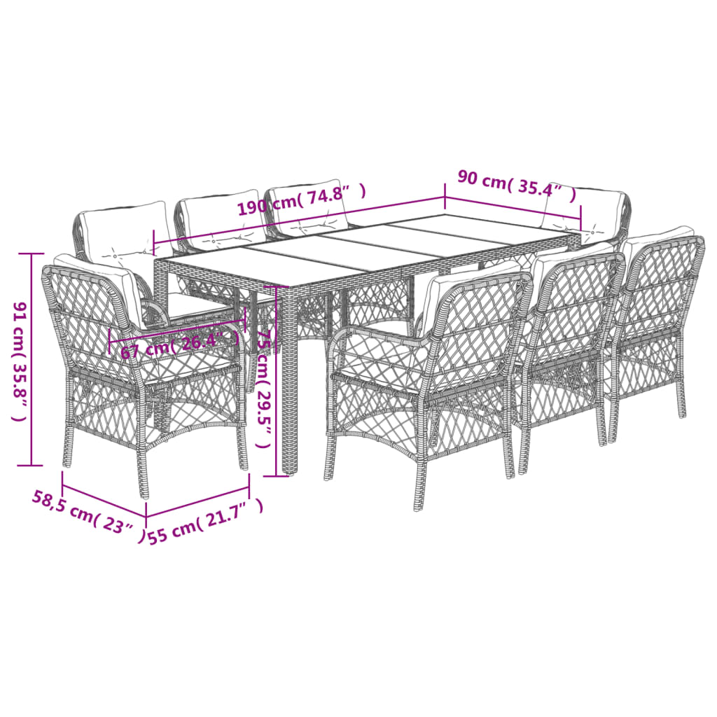 9 pcs conjunto de jantar p/ jardim c/ almofadões vime PE preto