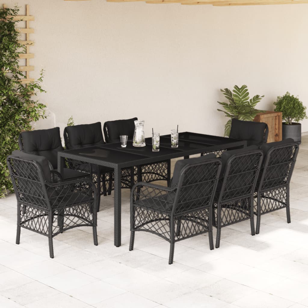 9 pcs conjunto de jantar p/ jardim c/ almofadões vime PE preto