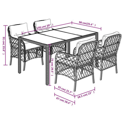 5 pcs conjunto de jantar p/ jardim c/ almofadões vime PE cinza