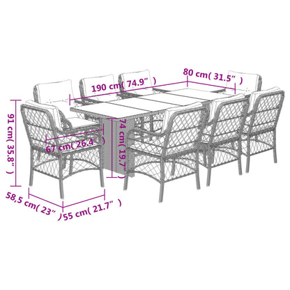 9 pcs conj. jantar jardim c/ almofadões vime PE bege misturado