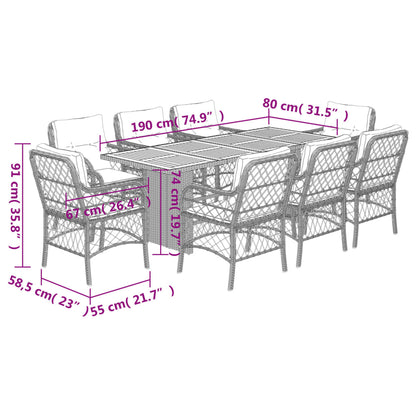 9 pcs conj. jantar jardim c/ almofadões vime PE bege misturado