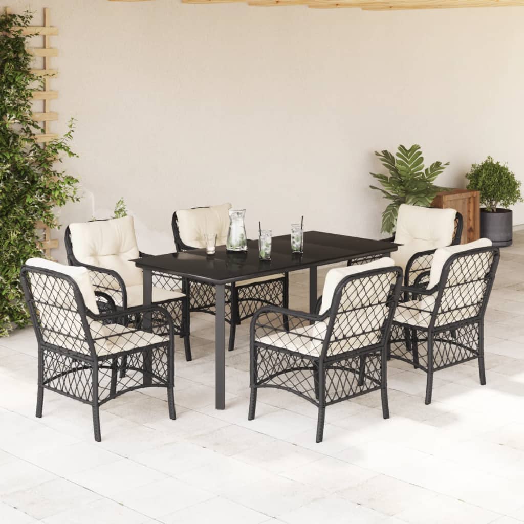 7 pcs conjunto de jantar p/ jardim c/ almofadões vime PE preto