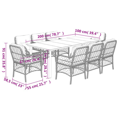 9 pcs conjunto de jantar p/ jardim c/ almofadões vime PE preto