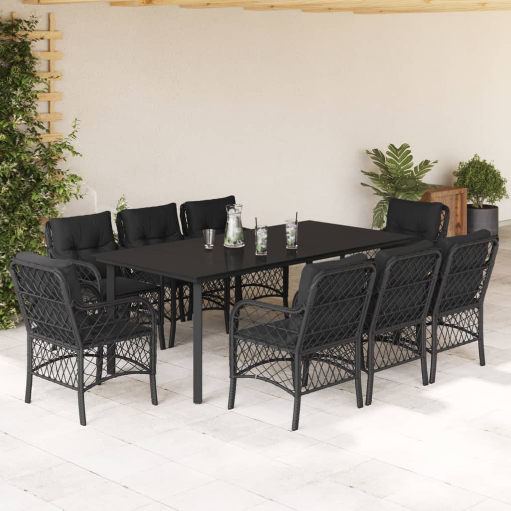 9 pcs conjunto de jantar p/ jardim c/ almofadões vime PE preto