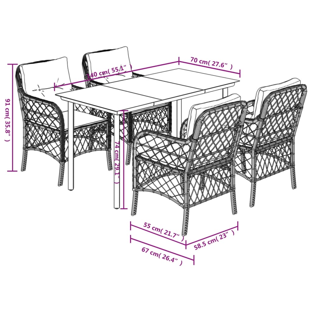 5 pcs conjunto jantar p/ jardim c/ almofadões vime PE castanho