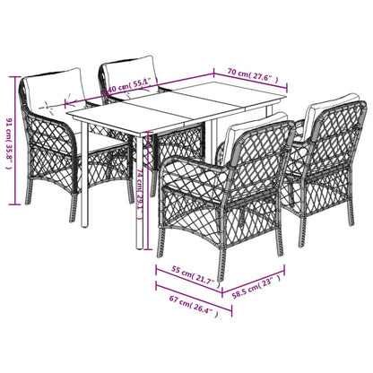 5 pcs conjunto jantar p/ jardim c/ almofadões vime PE castanho