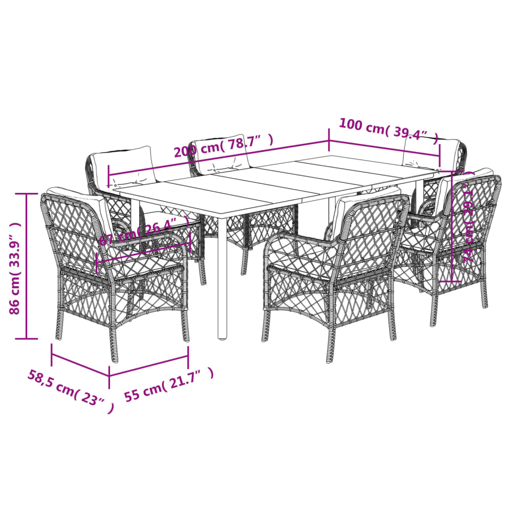 7 pcs conjunto jantar p/ jardim c/ almofadões vime PE castanho