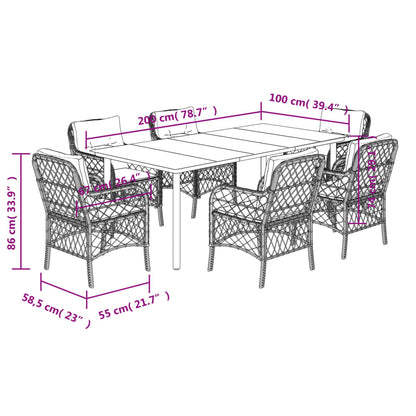 7 pcs conjunto jantar p/ jardim c/ almofadões vime PE castanho