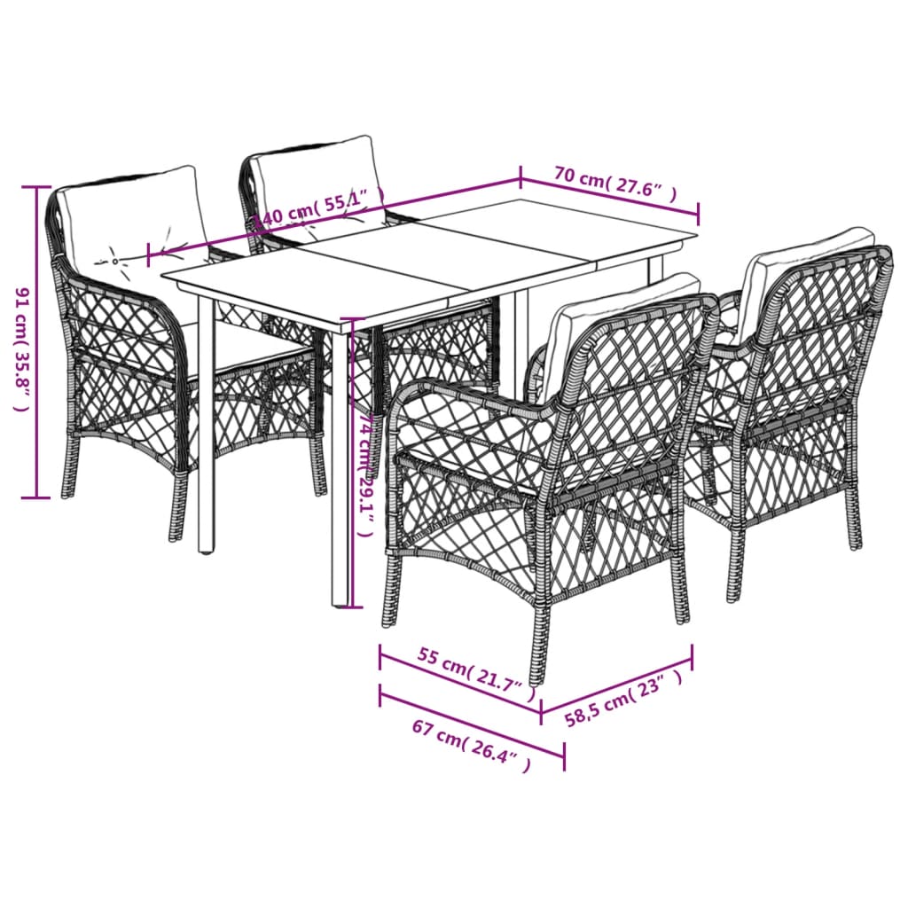 5 pcs conjunto de jantar p/ jardim c/ almofadões cinzento claro