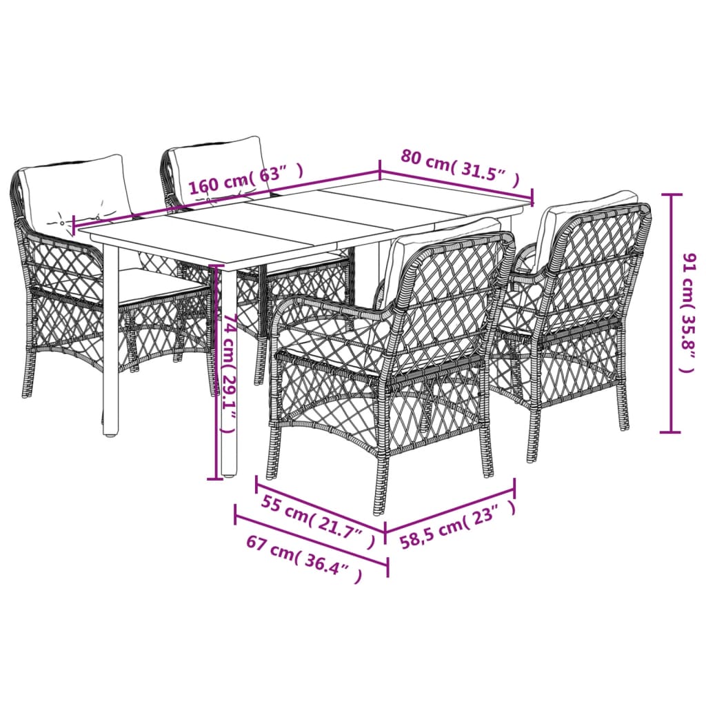 5 pcs conjunto de jantar p/ jardim c/ almofadões cinzento claro