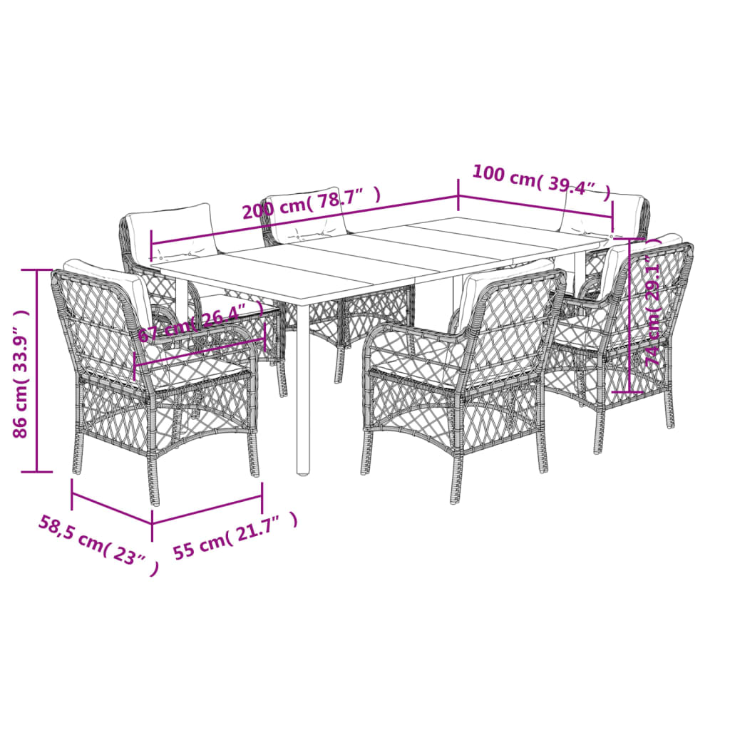 7 pcs conj. jantar p/ jardim c/ almofadões vime PE cinza-claro