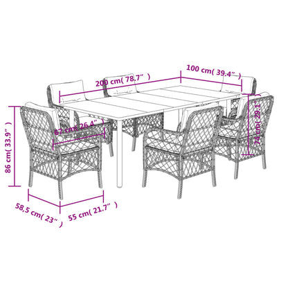 7 pcs conj. jantar p/ jardim c/ almofadões vime PE cinza-claro