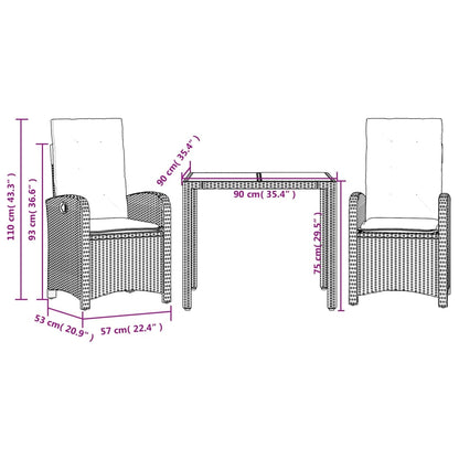 3 pcs conjunto de jantar p/ jardim c/ almofadões vime PE preto