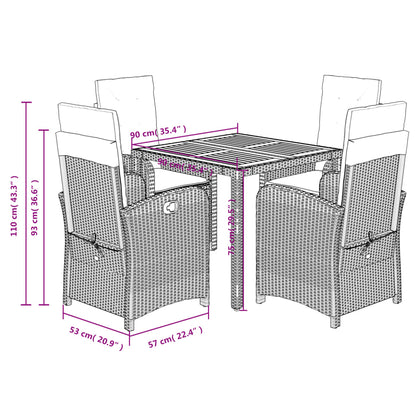 5 pcs conjunto de jantar p/ jardim c/ almofadões vime PE cinza