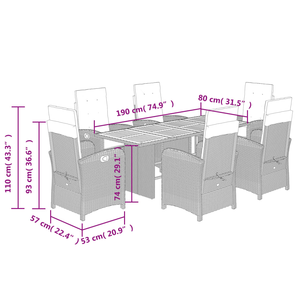 7 pcs conjunto de jantar p/ jardim c/ almofadões vime PE cinza