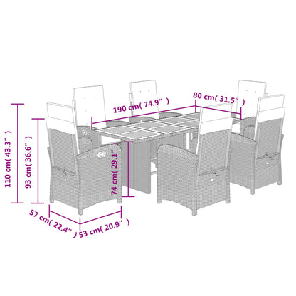 7 pcs conjunto de jantar p/ jardim c/ almofadões vime PE cinza