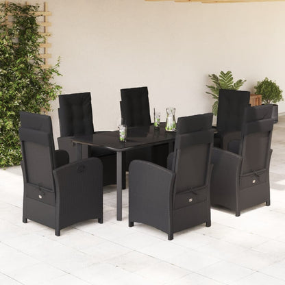 7 pcs conjunto de jantar p/ jardim c/ almofadões vime PE preto