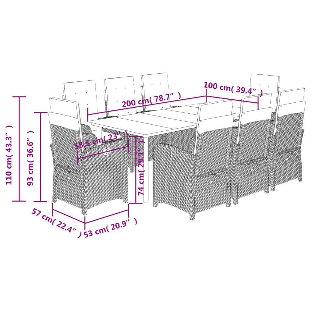 9 pcs conjunto de jantar p/ jardim c/ almofadões vime PE cinza