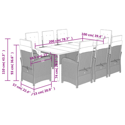 9 pcs conjunto de jantar p/ jardim c/ almofadões vime PE cinza