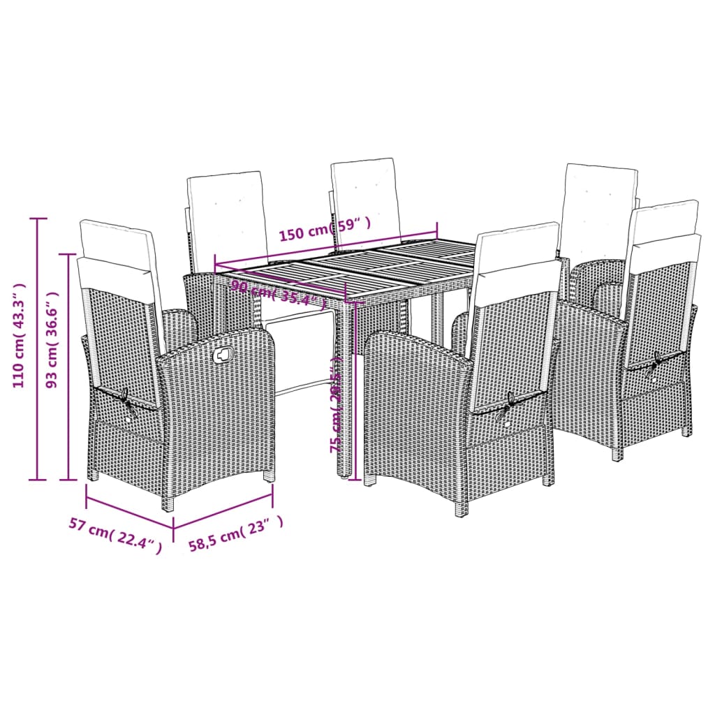 7 pcs conjunto de jantar p/ jardim c/ almofadões vime PE cinza