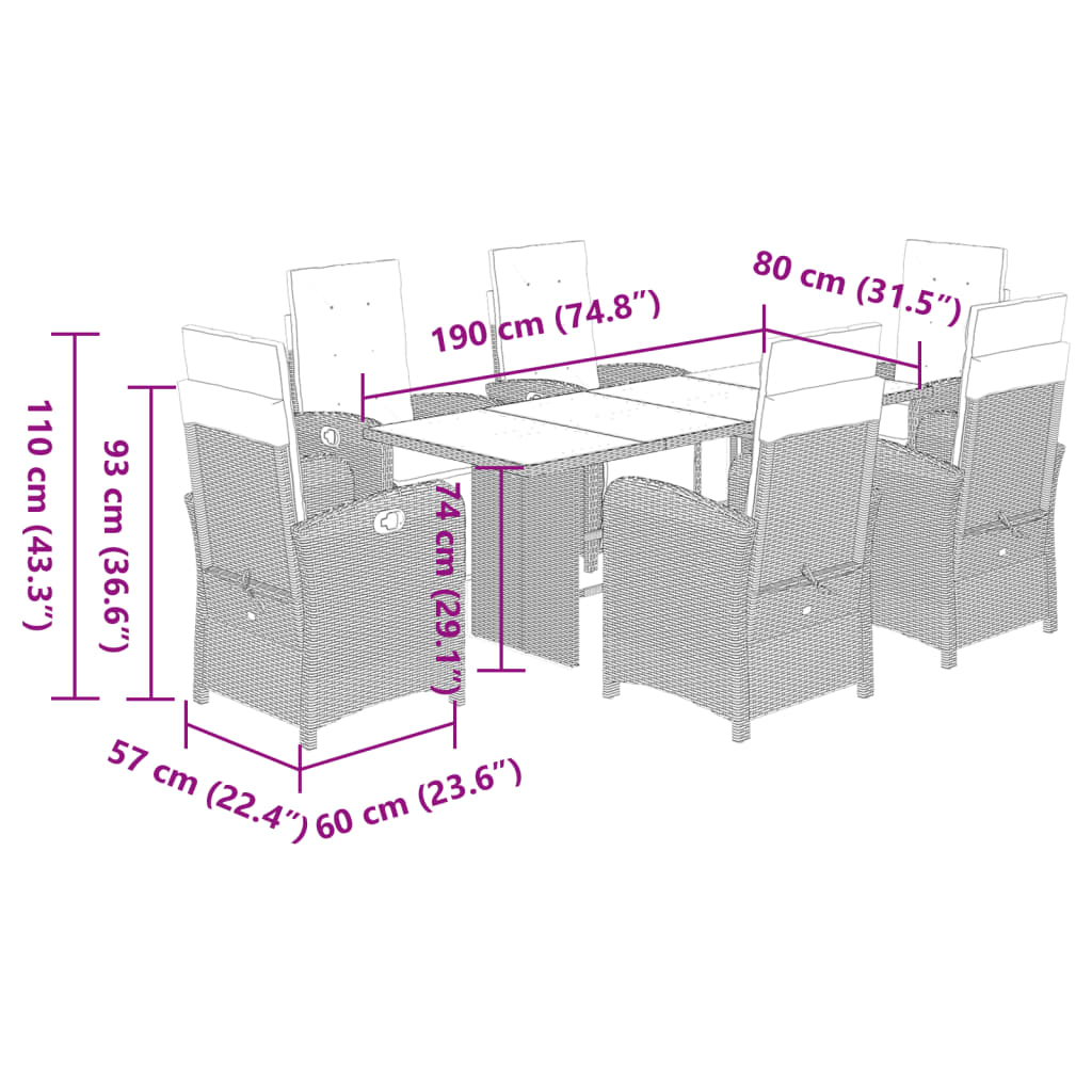 7 pcs conjunto jantar p/ jardim c/ almofadões vime PE castanho