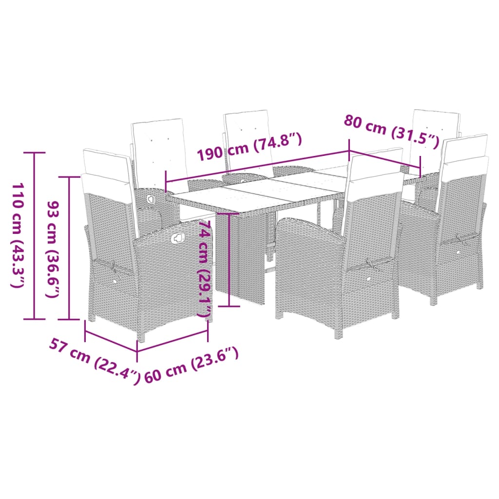 7 pcs conjunto de jantar p/ jardim c/ almofadões vime PE cinza