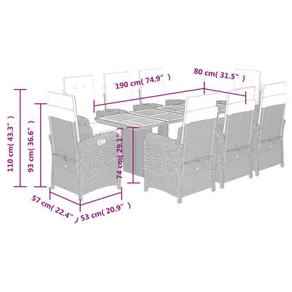 9 pcs conjunto de jantar p/ jardim c/ almofadões vime PE preto